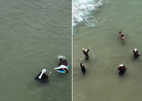 Cena de freiras pegando onda chama atenção em praia de Búzios; VÍDEO