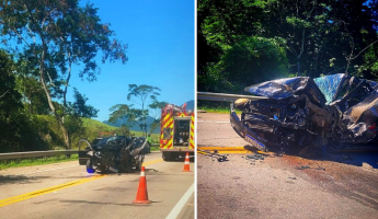 Acidente deixa 6 feridos e carro totalmente destruído com a força da batida na BR-101, em Macaé